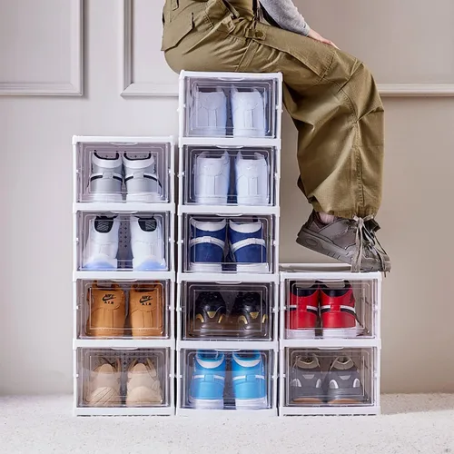 Miniatura 4 de GUDEMAY Caja de almacenamiento de zapatos con tapa frontal, sin montaje, apilable, organizador de zapatos con puerta transparente, estante
