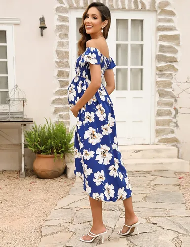 Miniatura 5 de KOJOOIN Vestido de maternidad para baby shower, sesión de fotos, verano, fruncido, hombros descubiertos, manga corta, vestido de embarazo