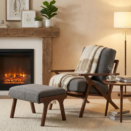 Miniatura 13 de HNY Mid-Century - Silla decorativa tapizada moderna, sillón de tela de lino con marco de madera maciza, cómoda silla de descanso con almohada