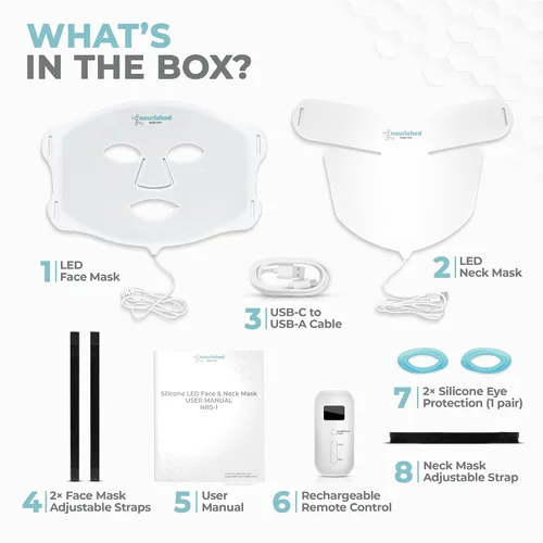 Miniatura 8 de Nourished Bodynskin Máscara facial y cuello con terapia de luz LED, dispositivo de cuidado de la piel facial, 7 colores rojo y azul