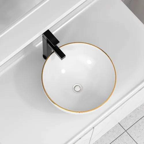 Miniatura 3 de Fregadero de recipiente blanco redondo - Fulorni 33x33 cm Lavabo de baño de cerámica de porcelana con borde dorado sobre encimera, fregadero