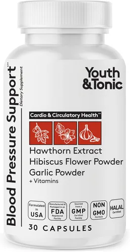 Youth & Tonic Suplemento natural de apoyo para la presión arterial con hibisco de espino y hierbas diuréticas de alta potencia y vitaminas para