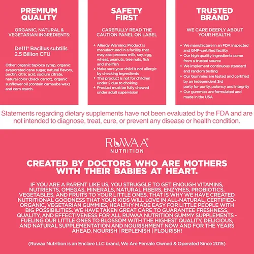 Miniatura 8 de RUWAA NUTRITION Gomitas probióticas orgánicas para niños para la salud digestiva, apoyo inmunológico, estreñimiento, hinchazón. 2.5 mil millones