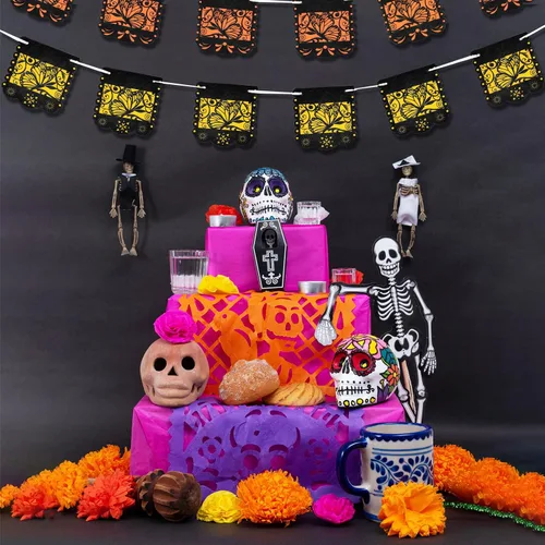 Miniatura 5 de Pancarta pequeña del Día de los Muertos con diseño de mariposa monarca mexicana, pancartas para fiesta de papel picado, Día de los Muertos