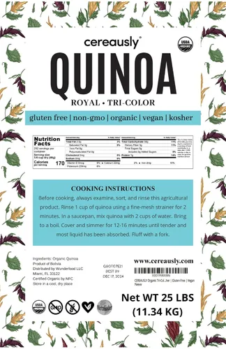 Miniatura 2 de CEREAUSLY Quinoa orgánica tricolor – Quinoa real premium de Bolivia – Quinoa Kosher y sin OMG – Quinoa vegana y con cuota de gluten – 25 libras
