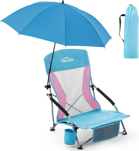 Miniatura 10 de Homcosan Silla de playa portátil baja plegable con paraguas desmontable, silla de campamento ligera para adultos con portavasos y bolsillo