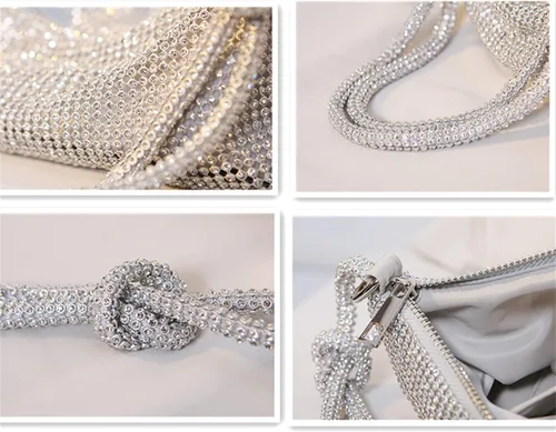 Miniatura 4 de Bolso de mano de noche con diamantes de imitación para mujer, bolso de mano plateado brillante con purpurina para boda, baile de graduación y fiesta