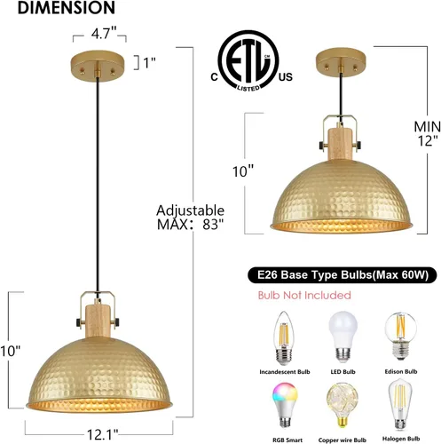 Miniatura 2 de Luces colgantes doradas de 12 pulgadas, luces colgantes mate martilladas para isla de cocina, granja industrial, altura ajustable, lámparas Dorado