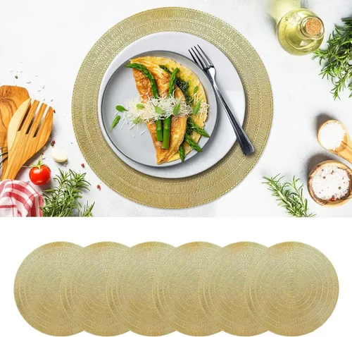 Juego de 6 manteles individuales dorados redondos de PVC de 15 pulgadas, resistentes al calor y al agua, lavables para mesa de comedor, elegante