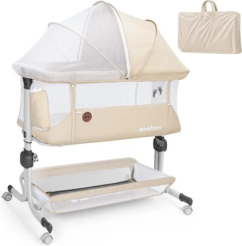 MOMFANN Cuna para Bebé al Lado de la Cama, Cuna con Mayor Estabilidad con Lados de Malla Completa, Sábana Suave, 6 Ajustes de Altura, Cesta de