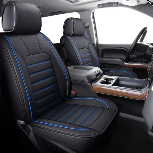 Miniatura 8 de LUCKYMAN CLUB 2 Fundas de asiento delanteras para Silverado que se ajustan a Chevy Silverado Sierra 2007-2023 2024 2025 1500 2500 3500 con piel Negro
