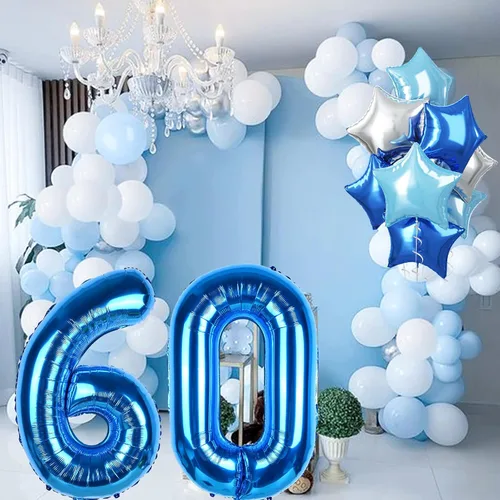 Miniatura 6 de Globo grande de aluminio 60, 40 pulgadas, color verde azulado oscuro, globo autoinflable del número 60 para hombres de 60 cumpleaños, globos de Azul