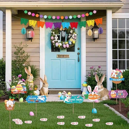 Miniatura 7 de AhfuLife Juego de decoraciones de Pascua, pancarta de papel de conejo de Pascua, pistas de búsqueda de huevos de Pascua con palos y patas de conejo