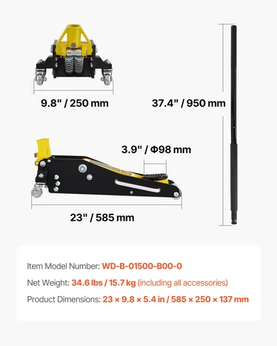 Miniatura 7 de VEVOR Gato de piso de perfil bajo de 1.5 toneladas (3300 libras), elevador de tierra de carreras de aluminio y acero con pistones duales, bomba