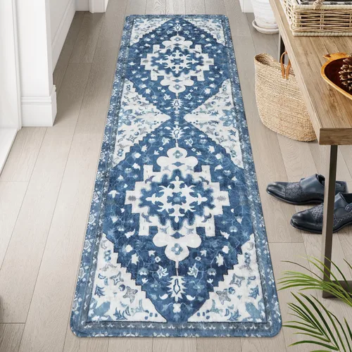 Miniatura 17 de Uphome Alfombra de baño vintage, azul, bohemio, antideslizante, oriental, suave, lavable a máquina, lindas alfombras de baño tribales florales
