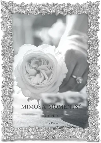 Marco de fotos plateado con diamantes de imitación, marco de fotos Tabelop horizontal o vertical de 4 x 6 pulgadas, escritorio, boda, aniversario,