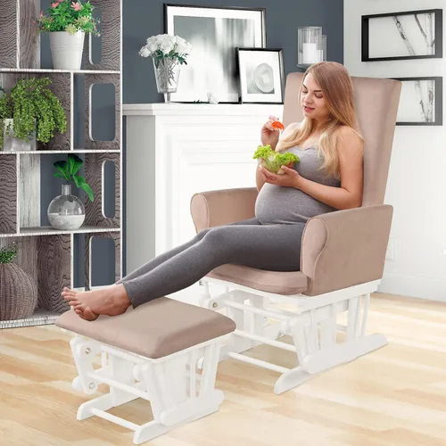 Miniatura 9 de Costzon Juego de mecedora y otomana, muebles de madera para bebé, para siesta y lectura, enfermería, silla mecedora cómoda tapizada limpiable
