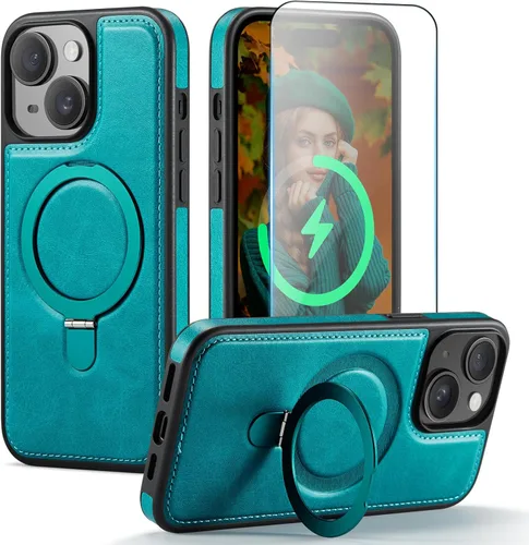 Miniatura 16 de Funda para iPhone 13 con soporte compatible con Magsafe, color negro Magnetic Kickstand, with Tempered Glass Screen Protector, Durable PU Leather