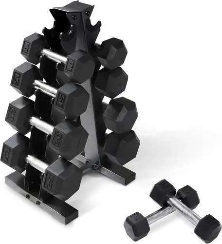 Miniatura 5 de WF Athletic Supply - Juego de mancuernas hexagonales con revestimiento de goma y peso de 5 a 25 libras, incluye un soporte de almacenamiento