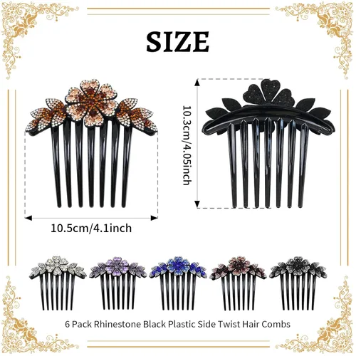 Miniatura 4 de inSowni Paquete de 6 peines laterales de plástico negro con purpurina brillante para el cabello, con diseño de hojas y flores, horquillas