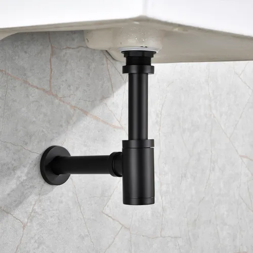 Miniatura 2 de Baño Latón Contemporáneo Botella Redonda P Trampa 1-1/4, Lavabo Ajustable Lavabo Desagüe P-Trap Kit, General US Standard, Negro Mate
