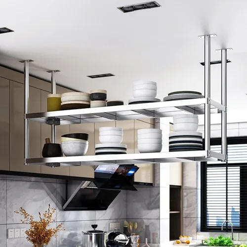 Miniatura 4 de Shelves Whftd Double Iayer 304 Stainless Steel Ceiling Storage Shelf, Hanging Floating Shelves, for Restaurant Bar Display Stand/Decorative Storage