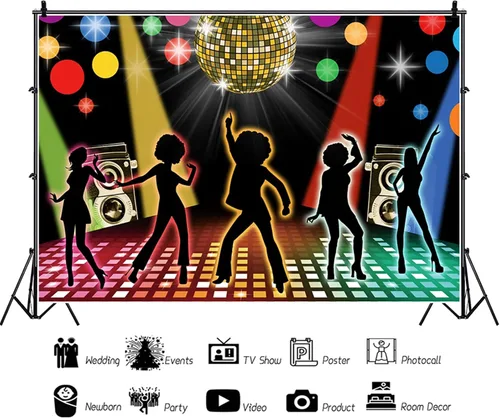Miniatura 3 de Telón de fondo de fiesta de discotecas de 5 x 3 pies, discotecas neón para adultos de regreso a los años 60, 70, 80, 90, discotecas bailando noche