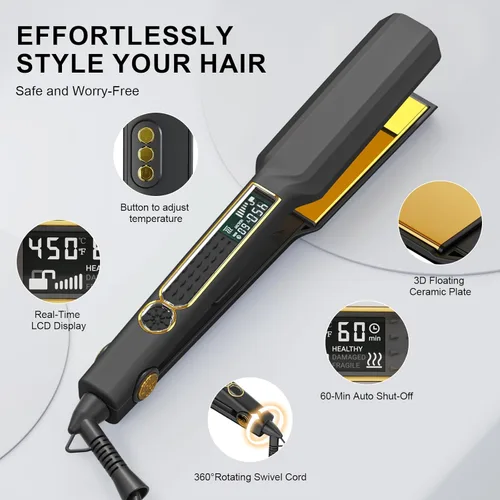 Miniatura 6 de Thirtek Plancha de pelo profesional, plancha plana de cerámica y titanio de 1.5 pulgadas, 15 niveles de temperatura ajustables, pantalla LCD, Negro
