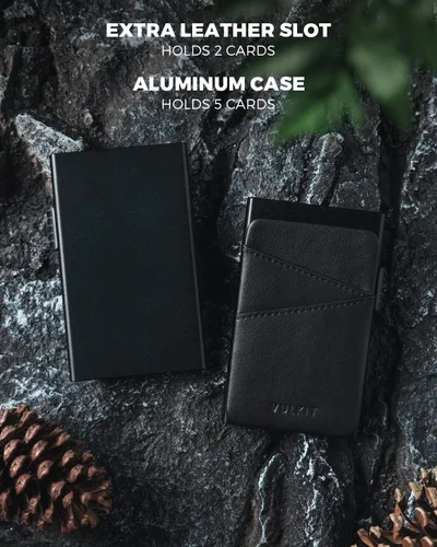 Miniatura 3 de VULKIT Cartera desplegable con ranuras de cuero extra con bloqueo RFID, funda delgada de metal para tarjetas, Negro