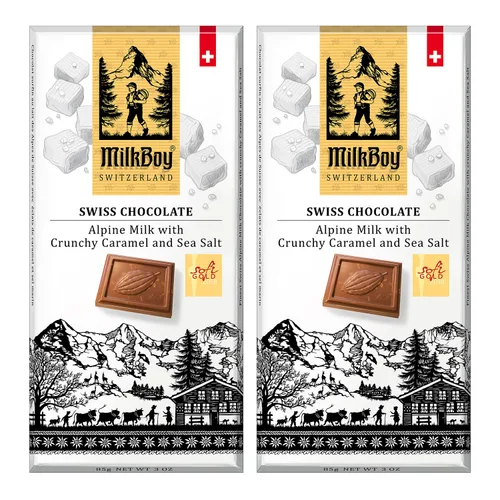 Milkboy Swiss Milk Chocolates - Barras de chocolate con leche alpina con sal marina de caramelo crujiente, sin gluten, sin OMG, todo natural,