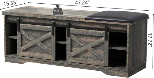 Miniatura 7 de Holaki Banco de zapatos de 47 pulgadas con almacenamiento, banco de zapatos de granja con puerta corrediza de granero, banco de entrada con espacio
