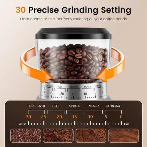 Miniatura 6 de Molinillo eléctrico de café de rebabas, 30 ajustes de molienda, molinillo de café Emojoy para uso doméstico, pantalla táctil y panel de control LED