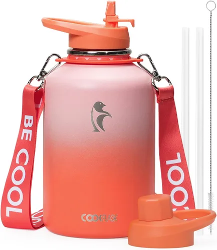 Miniatura 29 de Botella de agua Coolflask de 40 onzas con correa, botella de agua metálica aislada con popote y tapas con pico, acero inoxidable de doble pared al