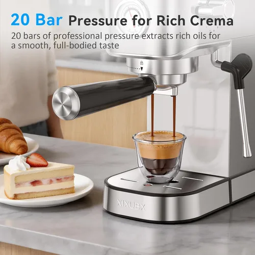 Miniatura 4 de XIXUBX Máquina de café espresso de 20 bares, compacta de acero inoxidable con espumador de leche y jarra de espuma de leche, cafetera para capuchino