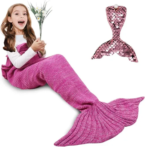 Miniatura 13 de AmyHomie Manta de cola de sirena, manta para niños, saco de dormir de sirena de ganchillo, regalo de sirena para niñas (azul claro, niños)