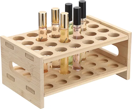 ELLDOO Organizador de perfume Rollerball, soporte de almacenamiento de perfume de bambú para 24 espacios, soporte de aroma de belleza con asa,