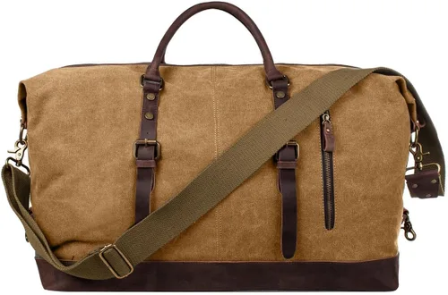 Miniatura 13 de S-ZONE - Bolsa de viaje de lona sobredimensionada con adornos de cuero genuino, bolsa deportiva de hombro de fin de semana, bolso de fin de semana