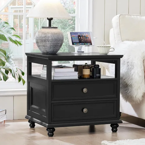 Miniatura 22 de Joaxswe Mesita de noche estilo granja con estación de carga, mesa auxiliar de 61 cm de ancho con 2 cajones, cómoda natural para dormitorio, cómoda