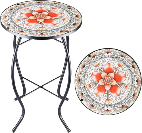 Miniatura 7 de Arbuxzuy Mesa auxiliar pequeña de 12 pulgadas para exteriores con mosaico azul-blanco, mesa de patio con mosaico de vidrio para interiores, mesa