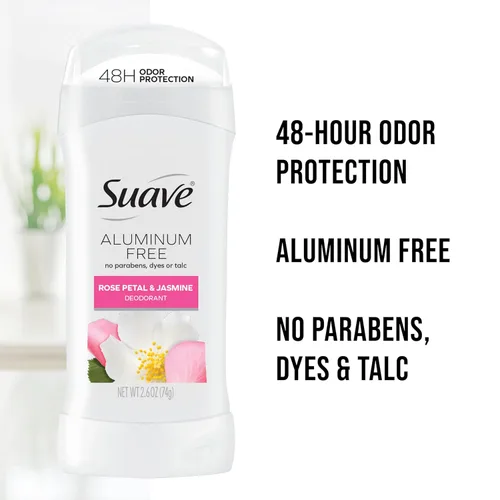 Miniatura 2 de Suave Desodorante sin aluminio para mujeres, pétalo de rosa y jazmín, protección contra olores de 48 horas, libre de talco, parabenos y colorantes