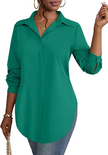 Miniatura 33 de Rooscier Blusa larga con cuello en V para mujer, manga larga, abertura lateral, con botones