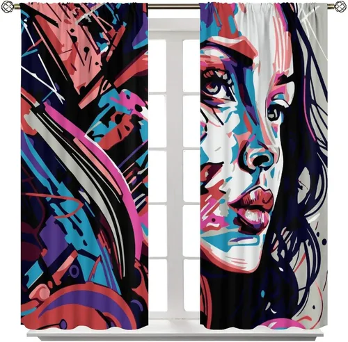 Miniatura 8 de Cortinas de pared de ladrillo, arte pop de grafiti, hermosas cortinas con estampado de chicas americanas para adolescentes, dormitorio, sala