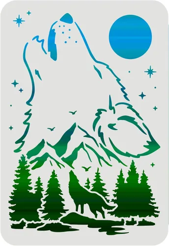 FINGERINSPIRE Plantillas de decoración de lobo, plantillas de plástico de 11.7 x 8.3 pulgadas para dibujar con luna y montaña, tamaño A4,