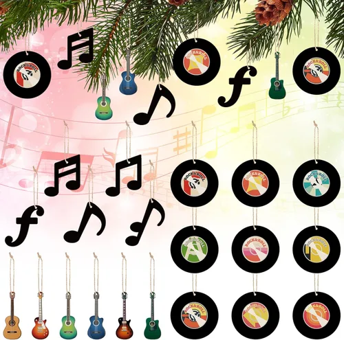 40 piezas de notas musicales navideñas de color negro, discos de música retro de madera, adorno de guitarra eléctrica, notas musicales, decoración