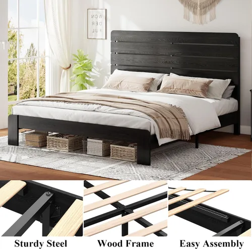 Miniatura 4 de Marco de cama de madera tamaño King con cabecera, base de cama de plataforma estilo granja rústica con soporte de listones de madera, resistente