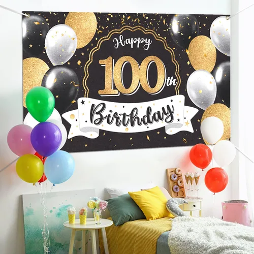 Miniatura 3 de Decoración de feliz cumpleaños número 100, globo negro y dorado número 100, cartel de fondo grande de cumpleaños – Decoración de fiesta