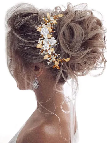 Unicra Flor novia pelo vid perla pieza de pelo nupcial hoja accesorios para el pelo diadema de diamantes de imitación para mujeres y niñas (dorado)