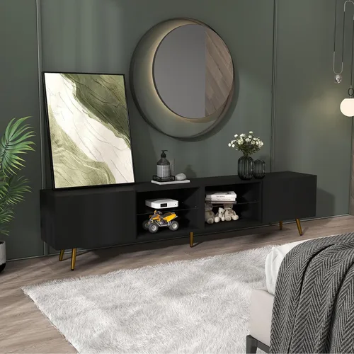 Miniatura 4 de Bonzy Home Soporte de TV de 86 pulgadas, moderno centro de entretenimiento para TV de 75 pulgadas, mesa consola de televisión con gabinetes de Negro