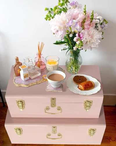 Miniatura 6 de Vixdonos Conjunto de 2 baúles de almacenamiento decorativos de metal – baúl para dormitorio universitario con asa (rosa)