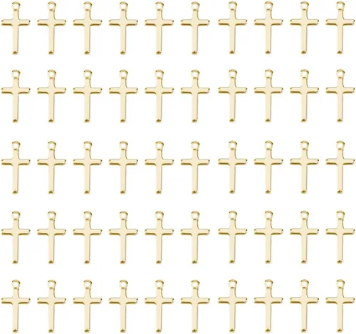 DICOSMETIC 50 dijes de cruz a granel de 0.53 x 0.28 x 0.03 pulgadas, dijes de cruz de latón chapado en oro de 24 quilates, pequeños colgantes de